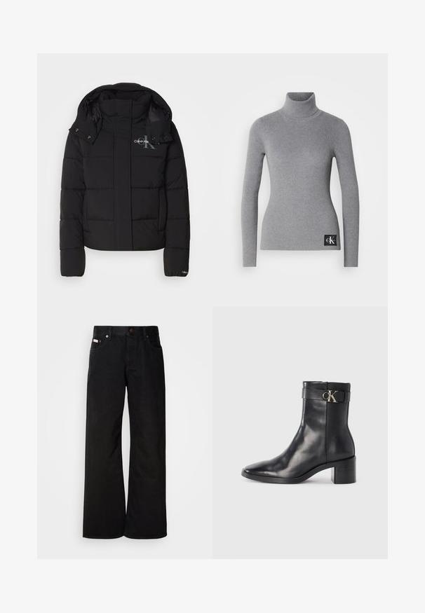 Sort pufferjakke med hætte, kviltet design og Calvin Klein-logo på brystet. Har en frontlynlås og trykknapdetaljer.; Grå ribbet turtleneck trøje med lange ærmer, tætsiddende design og et sort mærke med hvide initialer i bunden.; Sorte breddebenede jeans lavet af bomuld. Har forlommer, en knaplukning og en klassisk denimtekstur. Minimalistisk design uden mønstre.; Sort læder ankelstøvle med spids tå, blokhæl og en rem med en metallisk logo detalje. Glat tekstur og minimalistisk design.