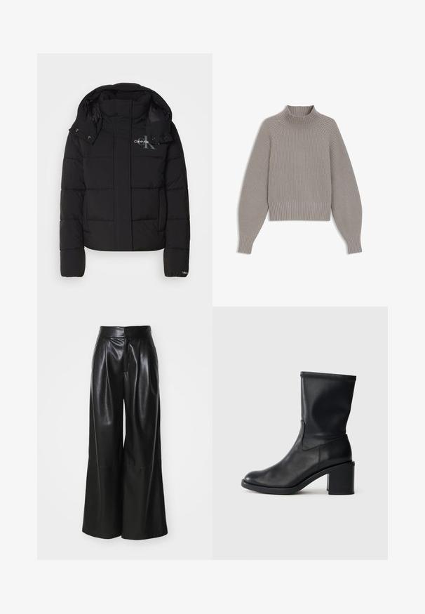 Sort pufferjakke med hætte, kviltet design og Calvin Klein-logo på brystet. Har en frontlynlås og trykknapdetaljer.; Lys grå ribbet strikket sweater med høj krave, lange ballonærmer og tætsiddende manchetter, lagt fladt på hvid baggrund.; Sorte faux læder brede bukser med høj talje, plisseret foran og glat tekstur. Har et rent, minimalistisk design.; Sort læder ankelstøvle med rund tå, glat tekstur og en grov hæl, der har et tætsiddende skaft og subtil syning.