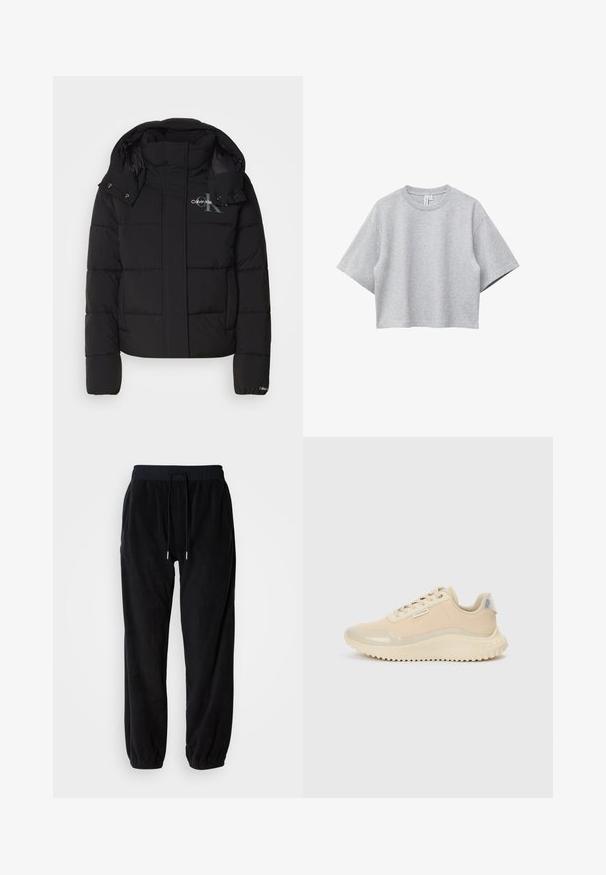 Schwarze Daunenjacke mit Kapuze, gesteppte Gestaltung und Calvin Klein Logo auf der Brust. Verfügt über einen Frontreißverschluss und Druckknopf-Details.; Hellgraues, kurzärmeliges, kurzes T-Shirt mit Rundhalsausschnitt und lockerem Sitz, auf weißem Hintergrund dargestellt.; Schwarze Fleece-Jogginghosen mit elastischem Bund, verstellbarem Kordelzug und schmal zulaufenden Beinen. Strukturierter Stoff mit seitlichen Taschen.; Beige Sneaker mit glattem Lackleder an Zehen- und Schaftbereich, verziert mit einer strukturierten Zwischensohle und gummierter Laufsohle. Mit einem Markenetikett versehen.