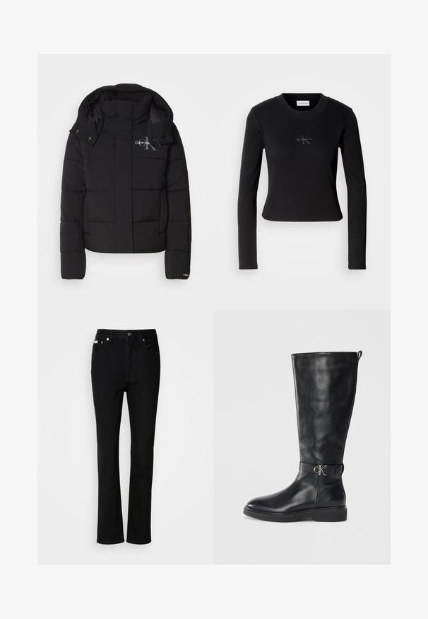 Sort pufferjakke med hætte, kviltet design og Calvin Klein-logo på brystet. Har en frontlynlås og trykknapdetaljer.; Sort langærmet top med en tætsiddende design og et lille Calvin Klein-logo på brystet, præsenteret mod en hvid baggrund.; Sorte lige ben jeans med frontknap og lynlås, belteklip og fem-lomme design.; Sorte læder knæhøje støvler med lav hæl, rund tå og metallisk "CK" logo spænde om anklen.