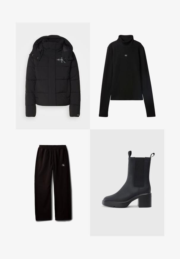 Sort pufferjakke med hætte, kviltet design og Calvin Klein-logo på brystet. Har en frontlynlås og trykknapdetaljer.; Sort ribstrikket bluse med lange ærmer og lille firkantet Calvin Klein-logo placeret centralt på brystet.; Sorte vidde bukser med elastisk taljebånd og sidelommer, med en lille Calvin Klein-logo patch på højre lår.; Sorte ankelstøvler i glat gummimateriale, med elastiske sidepaneler, blokhæle og trækskilt øverst for nem påtagning.