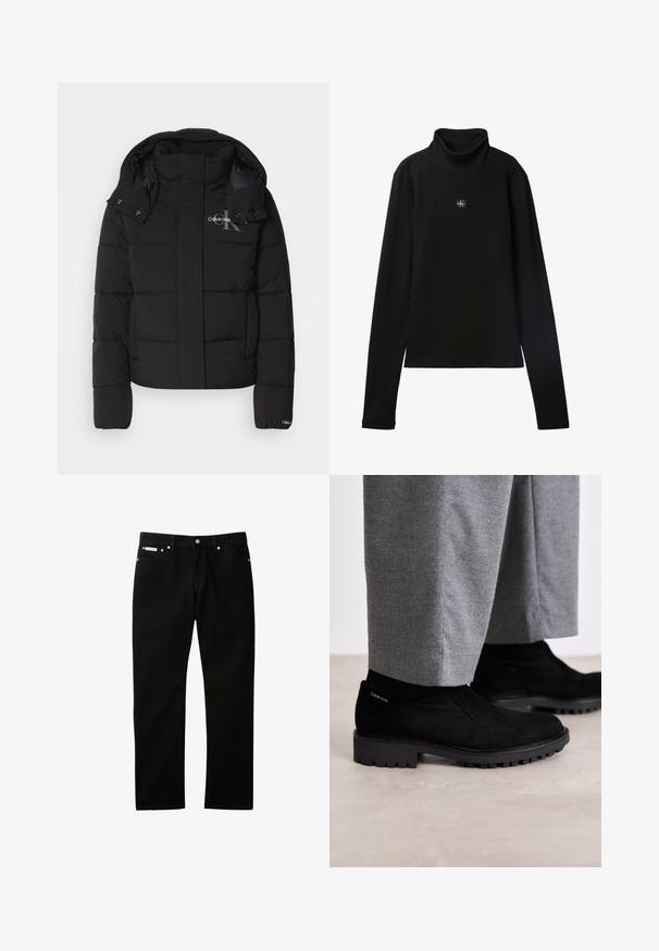 Sort pufferjakke med hætte, kviltet design og Calvin Klein-logo på brystet. Har en frontlynlås og trykknapdetaljer.; Sort ribstrikket bluse med lange ærmer og lille firkantet Calvin Klein-logo placeret centralt på brystet.; Sorte denimjeans med lige ben, der har knappelukning og lynlås, fem lommer og en lille logomærkat på taljen.; Sorte suede ankelstøvler med gummisål, der har et elastisk sidepanel og et logo akcent på hælen. Parret med grå bukser.