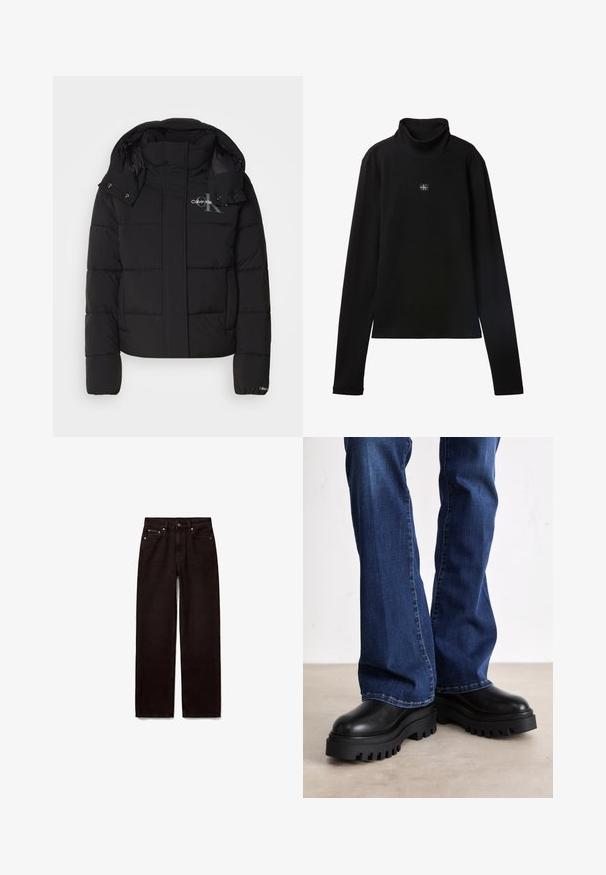 Sort pufferjakke med hætte, kviltet design og Calvin Klein-logo på brystet. Har en frontlynlås og trykknapdetaljer.; Sort ribstrikket bluse med lange ærmer og lille firkantet Calvin Klein-logo placeret centralt på brystet.; Sorte jeans med lige ben, forreste knap og lynlås, to forlommer og bæltestropper på hvid baggrund.; Chunky sorte platform støvler med teksturerede gummisåler, rund tå og glat læderoverdel, parret med blå flagrende jeans.