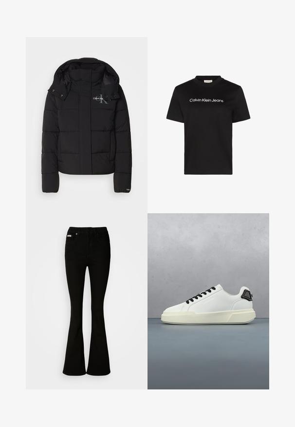 Schwarze Daunenjacke mit Kapuze, gesteppte Gestaltung und Calvin Klein Logo auf der Brust. Verfügt über einen Frontreißverschluss und Druckknopf-Details.; Schwarzes Baumwoll-T-Shirt mit Rundhalsausschnitt und kurzen Ärmeln, auf der Brust mit dem weißen Schriftzug "Calvin Klein Jeans" versehen.; Schwarze Schlagjeans mit einer taillierten Passform, aus weichem Denim gefertigt. Mit zwei Vorderaschen und einem klassischen Knopf- und Reißverschluss ausgestattet.; Weißer Sneaker mit schwarzen Schnürsenkeln und Fersendetail, der über einer Holzblockoberfläche im Freien in der Nähe von grünem Laub und einer Betonwand schwebt.
