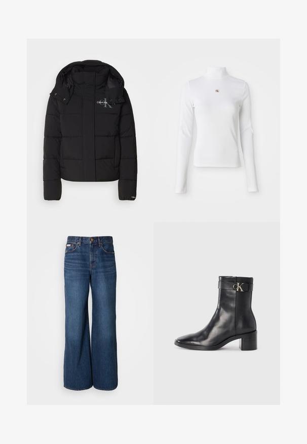 Schwarze Daunenjacke mit Kapuze, gesteppte Gestaltung und Calvin Klein Logo auf der Brust. Verfügt über einen Frontreißverschluss und Druckknopf-Details.; Langärmliges, weißes Rollkragenoberteil aus Rippmaterial. Verfügt über ein kleines gesticktes Logo in der Mitte. Enganliegendes Design ohne Muster.; Weite Jeans aus dunkelblauem Denim. Merkmale sind eine hohe Taille, fünf Taschen und kontrastierender orangefarbener Stitching entlang der Nähte.; Schwarze Leder-Ankle Boots mit spitzem Zehenbereich, Blockabsatz und einem Riemen mit einem metallischen Logodetail. Glatte Textur und minimales Design.