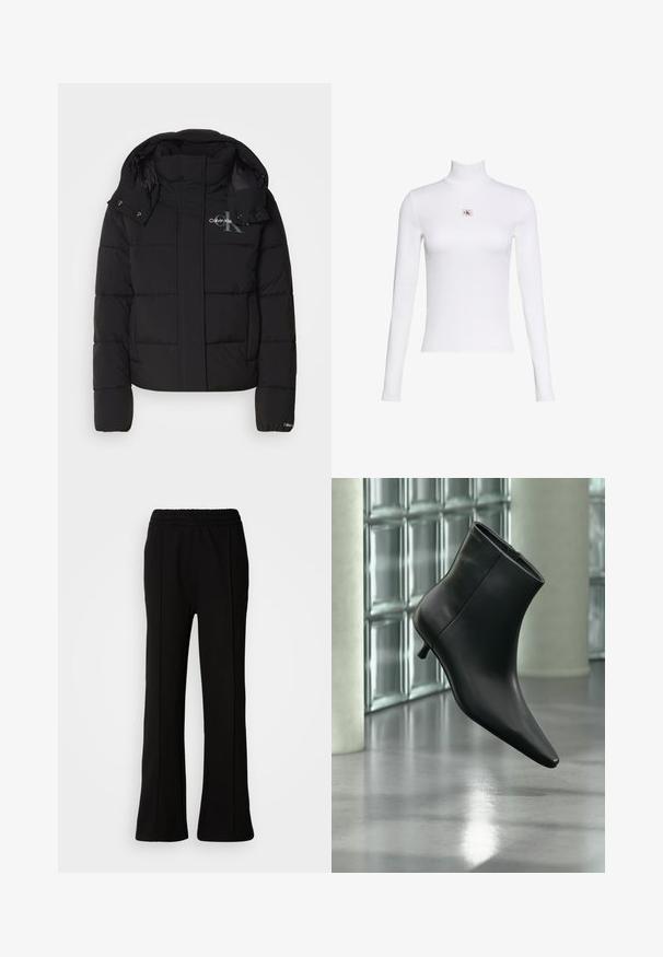Sort pufferjakke med hætte, kviltet design og Calvin Klein-logo på brystet. Har en frontlynlås og trykknapdetaljer.; Hvid langærmet rullekravetop med lille Calvin Klein-logo patch centreret på brystet på en ensfarvet hvid baggrund.; Sorte elastiske bukser med en flagrende design, der har rene linjer og ingen synlige pynt. Lavet af et glat, strækbart stof.; Sort læderankelstøvle med spids tå og lav kitten-hæ, vist vinklet mod en poleret gulv- og glasblokvæg.