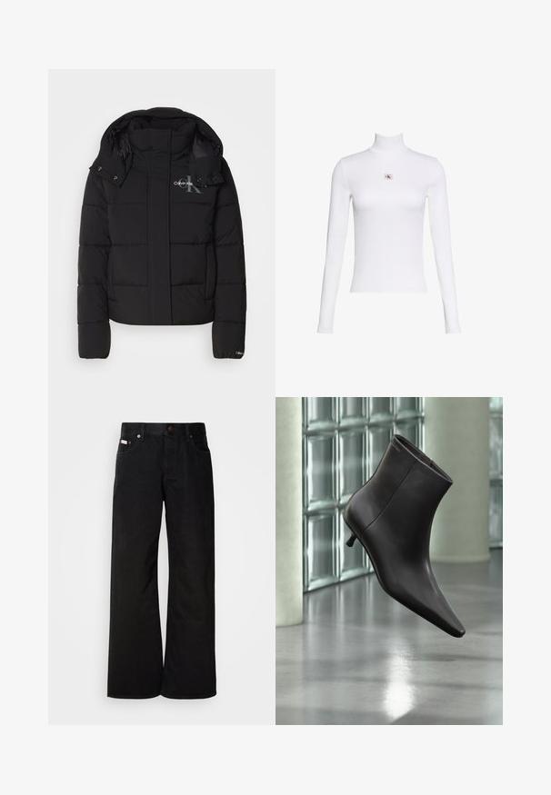 Schwarze Daunenjacke mit Kapuze, gesteppte Gestaltung und Calvin Klein Logo auf der Brust. Verfügt über einen Frontreißverschluss und Druckknopf-Details.; Weißes langärmeliges Rollkragentop mit kleinem Calvin Klein Logo-Patch mittig auf der Brust auf einfachem weißem Hintergrund.; Schwarze weite Jeans aus Baumwolle. Verfügt über frontale Taschen, einen Knopfverschluss und eine klassische Denim-Textur. Minimalistisches Design ohne Muster.; Schwarzer Leder-Knöchelstiefel mit spitzer Spitze und kleinem Absatz vor einer Wand aus Glasbausteinen und einem polierten Boden.