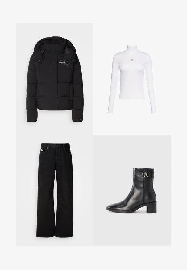 Schwarze Daunenjacke mit Kapuze, gesteppte Gestaltung und Calvin Klein Logo auf der Brust. Verfügt über einen Frontreißverschluss und Druckknopf-Details.; Weißes langärmeliges Rollkragentop mit kleinem Calvin Klein Logo-Patch mittig auf der Brust auf einfachem weißem Hintergrund.; Schwarze weite Jeans aus Baumwolle. Verfügt über frontale Taschen, einen Knopfverschluss und eine klassische Denim-Textur. Minimalistisches Design ohne Muster.; Schwarze Leder-Ankle Boots mit spitzem Zehenbereich, Blockabsatz und einem Riemen mit einem metallischen Logodetail. Glatte Textur und minimales Design.