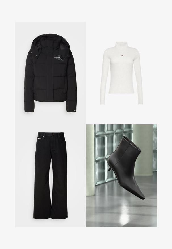Sort pufferjakke med hætte, kviltet design og Calvin Klein-logo på brystet. Har en frontlynlås og trykknapdetaljer.; Lysegrå langærmet rullekravetrøje med et lille rødt og sort "ck" logo centreret på brystet.; Sorte breddebenede jeans lavet af bomuld. Har forlommer, en knaplukning og en klassisk denimtekstur. Minimalistisk design uden mønstre.; Sort læderankelstøvle med spids tå og lille hæl vist mod en væg af glasblokke og poleret gulv baggrund.