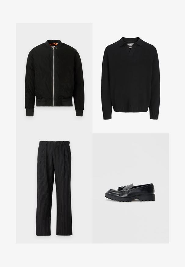 Veste bomber noire avec fermeture éclair à l'avant et poignets côtelés. Fabriquée en tissu lisse avec une texture subtile et un design minimaliste.; Pull en tricot noir avec un col en V. Équipé de poignets et d'un ourlet côtelés. Texture lisse, design minimaliste.; Jack & Jones JPSTBILL JJDAYTONA WIDE CHINO - Chino - black; Mocassins en cuir noir avec une finition brillante, semelle en caoutchouc épaisse et détail de frange décoratif à l'avant.