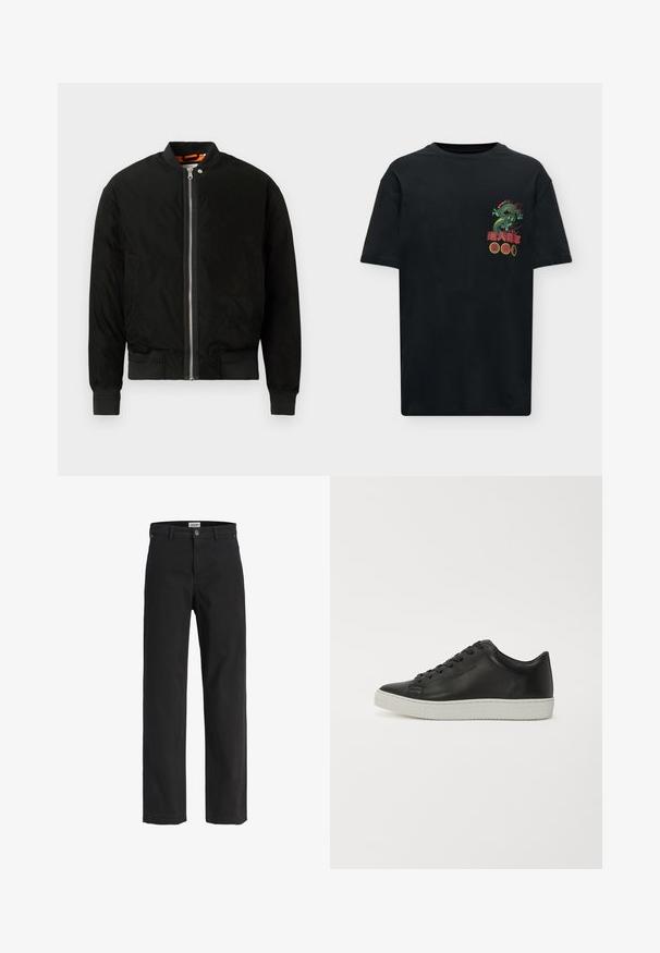 Veste bomber noire avec fermeture éclair à l'avant et poignets côtelés. Fabriquée en tissu lisse avec une texture subtile et un design minimaliste.; T-shirt noir à manches courtes avec un dragon vert coloré et un texte asiatique rouge sur la poitrine gauche au-dessus de trois symboles circulaires.; Pantalon noir à jambes droites avec passants pour ceinture, fermeture à bouton sur le devant, fermeture éclair, ainsi que poches avant et arrière.; Baskets en cuir noir avec un bout rond, semelle plate en caoutchouc blanc et lacets à six œillets. Texture lisse, style minimaliste.