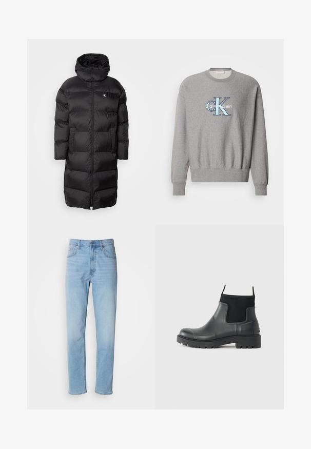 Schwarze Daunenjacke mit Kapuze, ausgestattet mit einem gesteppeten Design, einem Reißverschluss vorne und zwei vorderen Taschen. Das Material wirkt glatt und glänzend.; Grauer Sweatshirt mit rundem Halsausschnitt, gerippten Bündchen und Saum, mit einem blauen und weißen "Calvin Klein" Logo in der Mitte. Klassische Passform.; Hellblaue Jeans mit geradem Schnitt, fünf Taschen und Gürtelschlaufen. Der Stoff hat eine glatte Textur mit einem leichten Verblassungseffekt.; Schwarze Knöchelstiefel aus Gummi mit matter Oberfläche, die ein schlankes Design, elastische Einsätze und eine robuste Sohle für bessere Bodenhaftung bieten.