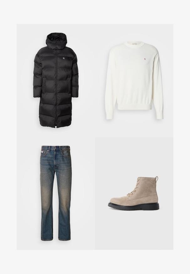 Sort pufferjakke med hætte, der har et quiltet design, frontlynlås og to frontlommer. Materialet ser glat og skinnende ud.; Hvid strikket sweater med lange ærmer, ribbede manchetter og kant, med et lille rødt logo på brystet. Blød tekstur, rund halsudskæring.; Højtaljede blå jeans lavet af denim, med et lige ben-design, falmede slidte lapper og traditionel fem-lomme stil.; Beige ruskindsankelstøvler med sort gummisål, snørelukning og et lille logo præget på siden, med en løftestrop bagpå.