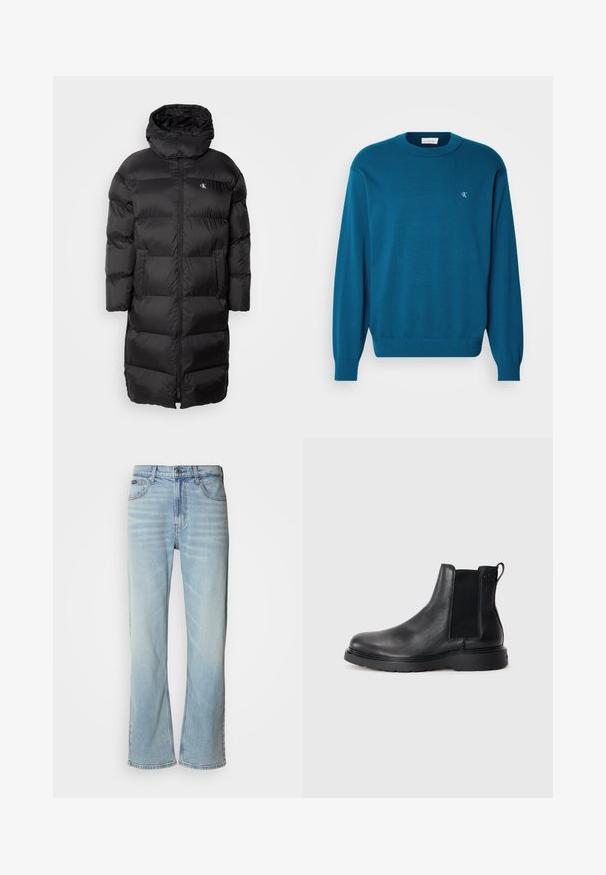 Schwarze Daunenjacke mit Kapuze, ausgestattet mit einem gesteppeten Design, einem Reißverschluss vorne und zwei vorderen Taschen. Das Material wirkt glatt und glänzend.; Türkiser Strickpullover mit rundem Kragen, langen Ärmeln und geripptem Saum. Verfügt über ein kleines Logo in der oberen linken Ecke. Weiche Textur.; Hellblaue Jeans aus Denim mit geradem Bein, ausgestattet mit fünf Taschen, einem Knopfverschluss und subtilen Verwaschungen im Stoff.; Schwarze Leder-Chelsea-Boots mit strukturiertem Finish, elastischen seitlichen Einsätzen und einer robusten Gummisohle. Dezentes Branding an der Ferse.