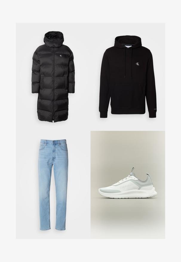 Schwarze Daunenjacke mit Kapuze, ausgestattet mit einem gesteppeten Design, einem Reißverschluss vorne und zwei vorderen Taschen. Das Material wirkt glatt und glänzend.; Schwarzer Kapuzenpullover mit Kängurutasche vorne, Kordelzug und kleinem weißen "CK"-Logo auf der Brust sowie "Calvin Klein" am Ärmelbündchen.; Hellblaue Jeans mit geradem Schnitt, fünf Taschen und Gürtelschlaufen. Der Stoff hat eine glatte Textur mit einem leichten Verblassungseffekt.; Weißer und hellgrauer Calvin Klein Sneaker mit niedrigem Schaft, Schnürsenkeln, Zuglaschen an Zunge und Ferse und einer dicken strukturierten Sohle.