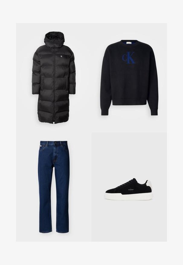 Sort pufferjakke med hætte, der har et quiltet design, frontlynlås og to frontlommer. Materialet ser glat og skinnende ud.; Sort strikket trøje med rund halsudskæring og ribkantede ærmer, med et blåt broderet "cK" logo midt foran.; Mørkeblå jeans med lige ben lavet af denim, med et klassisk design med fem lommer, diskrete syninger og lukning foran med knapper.; Sort lave sneakers med hvid sål og hæltap, snørebånd fortil, og Calvin Klein-logo på siden.