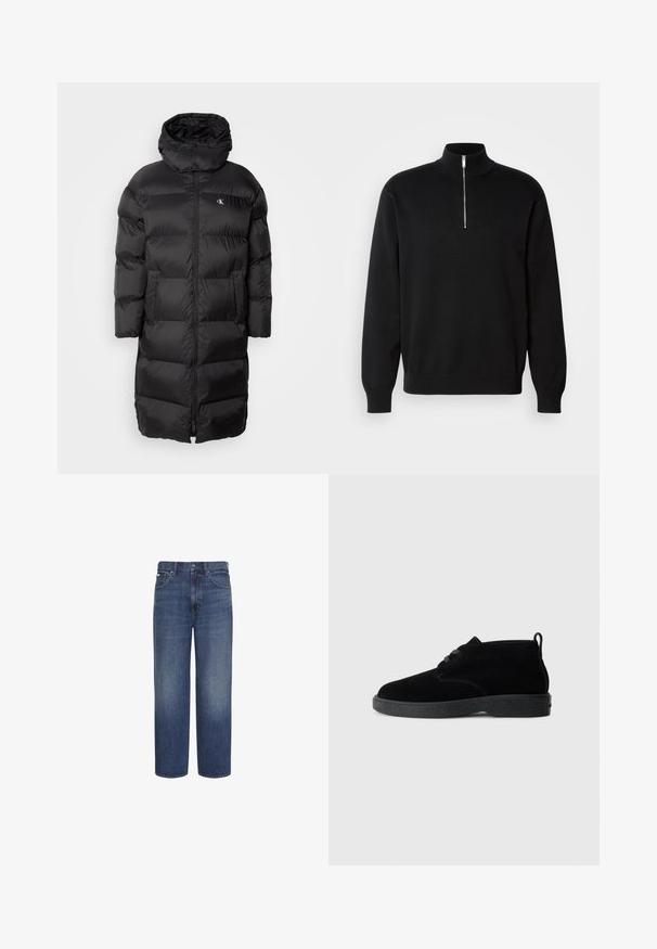 Sort pufferjakke med hætte, der har et quiltet design, frontlynlås og to frontlommer. Materialet ser glat og skinnende ud.; Sort zip-krave sweater lavet af glat stof med høj krave og lange ærmer, med et diskret logo på brystet.; Blå jeans med høj talje og lige ben, med frontknap og lynlås, bæltestropper samt for- og baglommer.; Sorte ruskindsankelstøvler med rund tå, snørebåndsdesign, sort gummisål og en sløjfe bag på for nem påtagning.