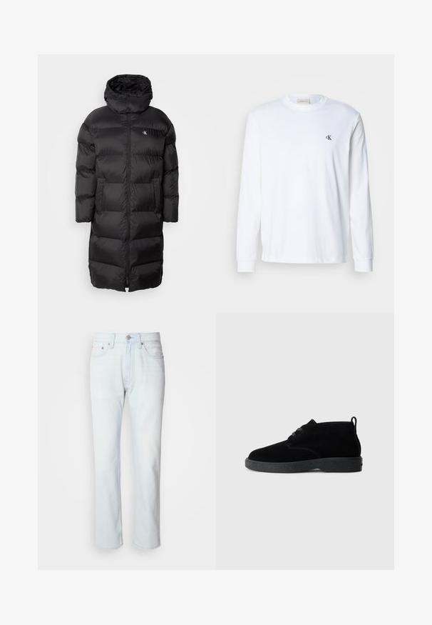 Abrigo de plumas negro con capucha, con un diseño acolchado, cremallera frontal y dos bolsillos en la parte delantera. El material parece suave y brillante.; Camisa blanca de algodón de manga larga con cuello redondo y pequeño logo negro "cK" en el pecho izquierdo.; Jeans de mezclilla azul claro con corte recto. Cuentan con un cierre de botón y pasadores para cinturón, mostrando una textura desgastada y costuras mínimas.; Botas de tobillo de ante negro con punta redondeada, diseño de cordones, suela de goma negra y una lengüeta en la parte trasera para facilitar su uso.