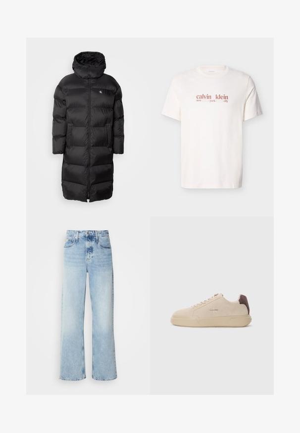 Mustmustelne patchwork mantel koos kapuutsi ja esiküljel tõmblukuga. Kaks varustukotti ees. Materjal tundub sile ja läikiv.; Valge puuvillane t-särk, millel on punane kiri "calvin klein new york city." Lühikesed varrukad ja ümmargune kaelus.; Heled sinine laia säärega teksapüksid kõrge vöökohaga, millel on tuhm viimistlus, vööaugud ja klassikaline viie tasku disain. Säär on toor.; Beige nabukist kingad ümmarguse nina, paeltega esiosas ja pruuni nabukist aktsendiga kanna osas. Omab tekstuuriga kummist tallat.