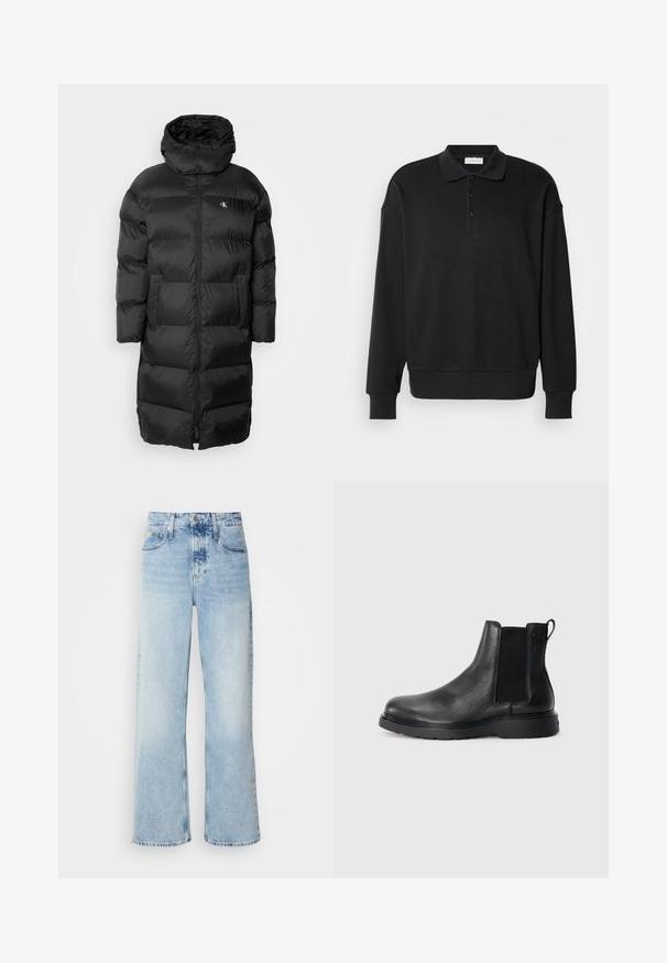 Manteau noir en duvet avec capuche, présentant un design matelassé, une fermeture éclair à l'avant et deux poches sur le devant. Le matériau semble lisse et brillant.; Polo-shirt noir à manches longues, texture côtelée, patte de boutonnage à trois boutons, logo brodé sur la poitrine, poignets et ourlet ajustés. Matière douce en mélange de coton.; Jean large bleu clair à taille haute, avec une finition délavée, des passants de ceinture et un design classique à cinq poches. L'ourlet est brut.; Bottes Chelsea en cuir noir avec une finition texturée, des panneaux latéraux élastiques et une semelle en caoutchouc robuste. Branding subtil sur le talon.