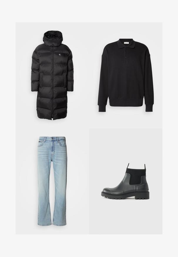Manteau noir en duvet avec capuche, présentant un design matelassé, une fermeture éclair à l'avant et deux poches sur le devant. Le matériau semble lisse et brillant.; Polo-shirt noir à manches longues, texture côtelée, patte de boutonnage à trois boutons, logo brodé sur la poitrine, poignets et ourlet ajustés. Matière douce en mélange de coton.; Jeans en denim bleu clair avec une coupe droite, dotés de cinq poches, d'une fermeture à bouton et d'une légère décoloration sur le tissu.; Bottines noires en caoutchouc avec une finition mate, présentant un design épuré, des panneaux élastiques et une semelle épaisse pour une meilleure traction.