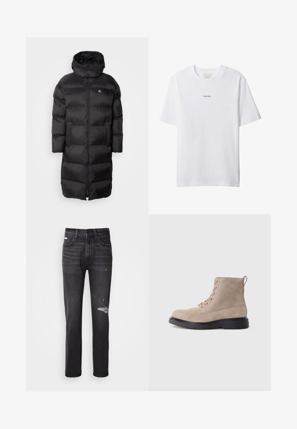 Abrigo de plumas negro con capucha, con un diseño acolchado, cremallera frontal y dos bolsillos en la parte delantera. El material parece suave y brillante.; Camiseta blanca de algodón con cuello redondo y mangas cortas. Cuenta con un pequeño logo negro de "Calvin Klein" centrado en el pecho.; Jeans de mezclilla negra con un diseño de pierna recta, detalles desgastados en la rodilla, estilo de cinco bolsillos y un sutil acabado deslavado.; Botines de ante beige con suela de goma negra, diseño con cordones y un pequeño logotipo grabado en el lateral, que cuenta con una lengüeta en la parte posterior.