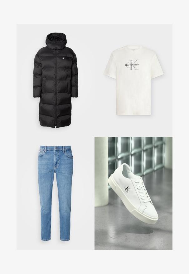 Abrigo de plumas negro con capucha, con un diseño acolchado, cremallera frontal y dos bolsillos en la parte delantera. El material parece suave y brillante.; Camiseta blanca de manga corta con cuello redondo y logotipo de Calvin Klein en gris y negro centrado en el pecho.; Vaqueros de mezclilla azul claro con corte recto, diseño de cinco bolsillos y un sutil desgastado. Presentan un cierre de botón y pasadores para cinturón.; Zapatilla blanca Calvin Klein con cordones, mostrada flotando sobre un suelo de cemento pulido y un fondo de pared de bloques de vidrio.
