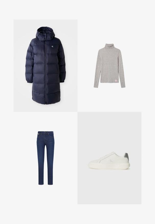 Marinepufferjakke med høj krave, lange ærmer og en frontlynlås. Har polstrede sektioner og et logo på brystet. Glat tekstur.; Lysegrå ribbet langærmet rullekravesweater med et lille rødt og hvidt CK-logo nær nederste kant.; Mørkeblå cowboybukser lavet af denim, med en slank pasform, fem-lomme-design, knaplukning foran og diskrete orange syninger.; Hvide sneakers lavet af læder med en glat tekstur, forsynet med en sølvaccent på hælen, flad sål og minimalistisk design.
