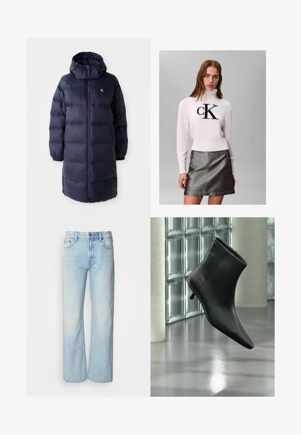 Marinepufferjakke med høj krave, lange ærmer og en frontlynlås. Har polstrede sektioner og et logo på brystet. Glat tekstur.; Ung kvinde iført en hvid turtleneck sweater med sort "CK" logo og en metallisk mørkegrå lædernederdel står foran en ensfarvet baggrund.; Lyseblå brede jeans lavet af denim med et klassisk fem-lomme design og en subtil falmet tekstur. Denim-syninger er synlige.; Sort læderankelstøvle med spids tå og lav kitten-hæ, vist vinklet mod en poleret gulv- og glasblokvæg.
