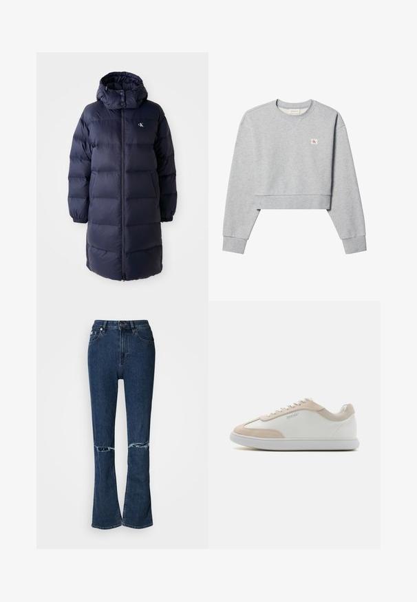 Marinepufferjakke med høj krave, lange ærmer og en frontlynlås. Har polstrede sektioner og et logo på brystet. Glat tekstur.; Lysegrå cropped sweatshirt med lange ærmer, rund hals og lille rød og hvid Calvin Klein-logo på venstre bryst.; Mørkeblå denim flared jeans med høj talje og slidte knædetaljer, med standard knap- og lynlåslukning.; Hvide lædersneakers med beige ruskindsdetaljer og hvide snøringer. Har en rund tå og en polstret sål for komfort.