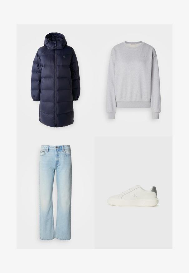 Marineblauwe pufferjas met een hoge kraag, lange mouwen en een ritssluiting aan de voorkant. Beschikt over gevoerde secties en een logo op de borst. Gladde structuur.; Grijze katoenen sweatshirt met lange mouwen, ronde hals, geribbelde manchetten en onderrand, met een subtiele geborduurde logo op de borst.; Lichtblauwe wijde jeans van denim, voorzien van een klassiek vijf-pocket ontwerp en een subtiele vervaagde textuur. Denimstiksels zijn zichtbaar.; Witte sneaker van leer met een gladde textuur, featuring een zilveren accent op de hiel, een platte zool en een minimalistisch ontwerp.
