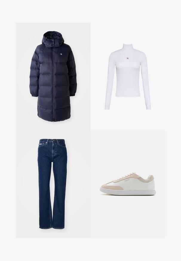 Marineblauwe pufferjas met een hoge kraag, lange mouwen en een ritssluiting aan de voorkant. Beschikt over gevoerde secties en een logo op de borst. Gladde structuur.; Witte lange mouwen coltrui top met een klein Calvin Klein-logo midden op de borst.; Donkerblauwe denim jeans met rechte pijpen, knoopsluiting en vijf zakken. De stof heeft een lichte textuur met subtiele stikseldetails.; Witte leren sneakers met beige suède accenten en witte veters. Beschikt over een ronde neus en een gevoerde zool voor comfort.