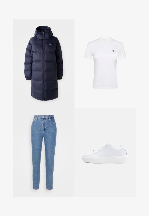 Marineblauer Puffer-Mantel mit hohem Kragen, langen Ärmeln und einem Reißverschluss auf der Vorderseite. Verfügt über gepolsterte Abschnitte und ein Logo auf der Brust. Glatte Textur.; Weißes T-Shirt mit kurzen Ärmeln aus weichem Stoff und rundem Ausschnitt. Auf der linken Brust befindet sich ein kleines schwarzes "ck"-Logo. Klassische Passform.; Blaue hochtaillierte gerade Jeans mit verdecktem Knopf und Reißverschluss, Gürtelschlaufen und Taschen, vor einem schlichten weißen Hintergrund präsentiert.; Weißer Sneaker mit niedrigem Schaft, Schnürverschluss, dicker Sohle und glattem Obermaterial, von der Außenseite vor einem einfarbigen hellen Hintergrund gezeigt.