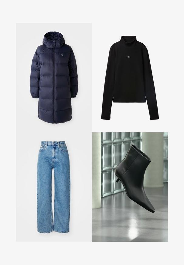 Marineblauwe pufferjas met een hoge kraag, lange mouwen en een ritssluiting aan de voorkant. Beschikt over gevoerde secties en een logo op de borst. Gladde structuur.; Zwarte geribde coltrui met lange mouwen en een klein vierkant Calvin Klein-logo midden op de borst.; Lichtblauwe denim wijde jeans met hoge taille, rafelrand en vijf zakken. De verslete textuur voegt diepte toe aan de stof.; Zwarte leren enkellaars met spits toelopende neus en lage kittenhak, schuin weergegeven tegen een gepolijste vloer en een glazen blokken muur als achtergrond.