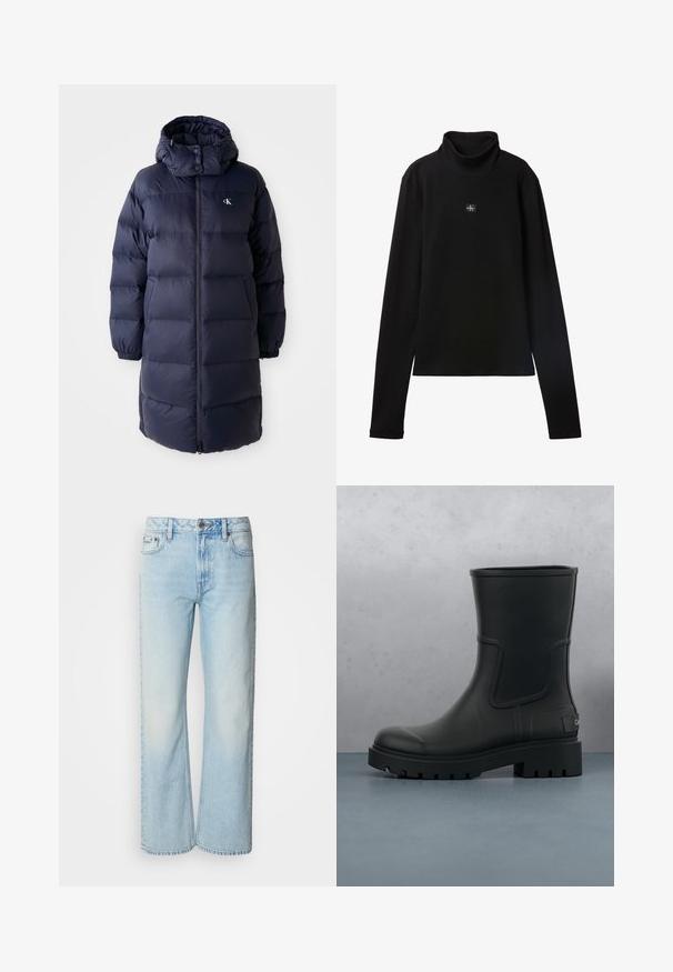 Marineblauwe pufferjas met een hoge kraag, lange mouwen en een ritssluiting aan de voorkant. Beschikt over gevoerde secties en een logo op de borst. Gladde structuur.; Zwarte geribde coltrui met lange mouwen en een klein vierkant Calvin Klein-logo midden op de borst.; Lichtblauwe wijde jeans van denim, voorzien van een klassiek vijf-pocket ontwerp en een subtiele vervaagde textuur. Denimstiksels zijn zichtbaar.; Zwarte matte leren enkelbot met dikke profielzool die boven houten vierkante tegels en kleine grijze stenen buiten zweeft.