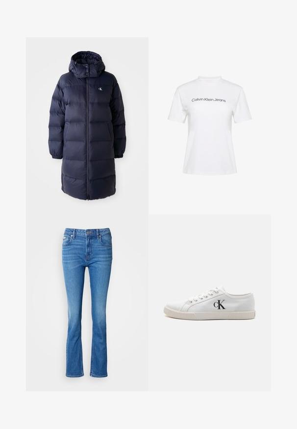 Marineblauwe pufferjas met een hoge kraag, lange mouwen en een ritssluiting aan de voorkant. Beschikt over gevoerde secties en een logo op de borst. Gladde structuur.; Wit katoenen T-shirt met een ronde hals en korte mouwen, met de tekst "Calvin Klein Jeans" in zwarte print over de borst.; Blauwe spijkerbroeken met een flared model en een middelhoge taille, met een klassiek vijf-pocketdesign en een subtiele vervaging bij de knieën.; Witte canvas sneakers met een low-top ontwerp, voorzien van een rubberen zool en een zwart "CK" logo aan de zijkant. Zes veterogen met witte veters.
