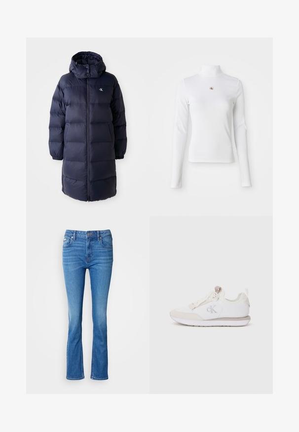 Marinepufferjakke med høj krave, lange ærmer og en frontlynlås. Har polstrede sektioner og et logo på brystet. Glat tekstur.; Langærmet, hvid turtleneck-top lavet af ribbet materiale. Har et lille broderet logo i midten. Tæt pasform uden mønstre.; Blå denim flared jeans med en mellemhøj talje, der har et klassisk fem-lomme design og en subtil affadet tekstur ved knæene.; Hvide sneakers med lysebeige accenter, lavet af en blanding af glatte og teksturerede materialer. Har snørebånd og et logo på siden.