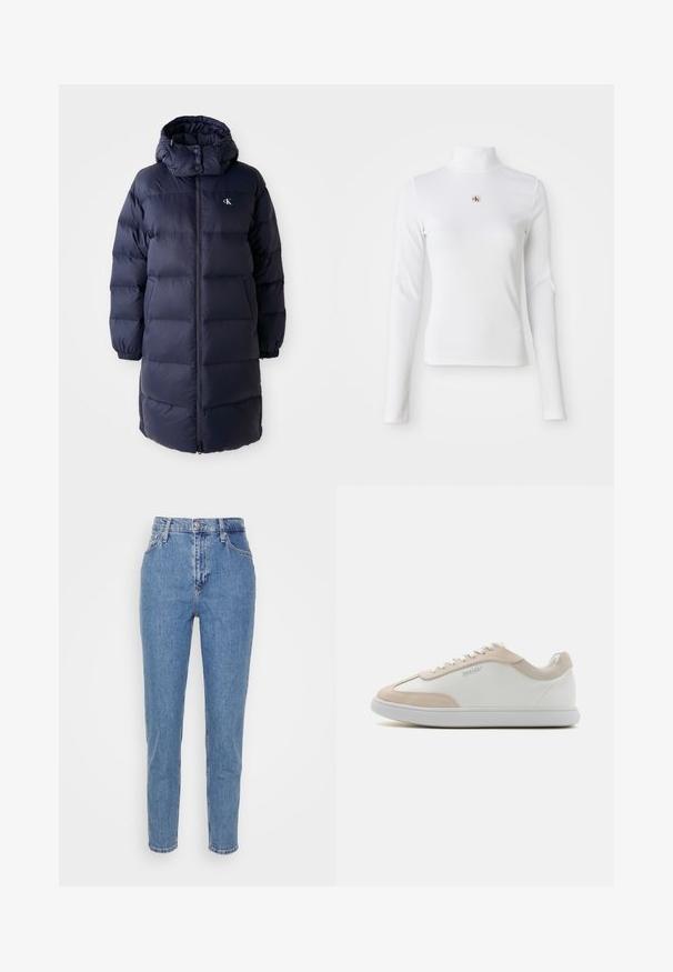 Marineblauwe pufferjas met een hoge kraag, lange mouwen en een ritssluiting aan de voorkant. Beschikt over gevoerde secties en een logo op de borst. Gladde structuur.; Witte turtleneck met lange mouwen, gemaakt van ribbelstof. Bevat een klein geborduurd logo in het midden. Aansluitend ontwerp zonder patronen.; Blauwe high-waisted straight-leg jeans met een knoop en rits aan de voorkant, riemlussen en zakken, weergegeven op een effen witte achtergrond.; Witte leren sneakers met beige suède accenten en witte veters. Beschikt over een ronde neus en een gevoerde zool voor comfort.