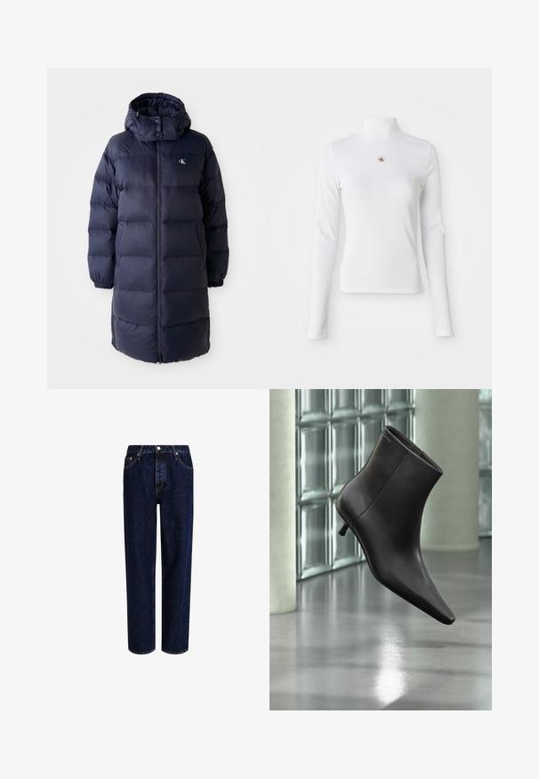 Marinepufferjakke med høj krave, lange ærmer og en frontlynlås. Har polstrede sektioner og et logo på brystet. Glat tekstur.; Langærmet, hvid turtleneck-top lavet af ribbet materiale. Har et lille broderet logo i midten. Tæt pasform uden mønstre.; Mørkeblå denim jeans med lige ben-design, der har høj talje, fem-lomme-stil og kontrastsyninger. Ingen dekorationer.; Sort læderankelstøvle med spids tå og lille hæl vist mod en væg af glasblokke og poleret gulv baggrund.