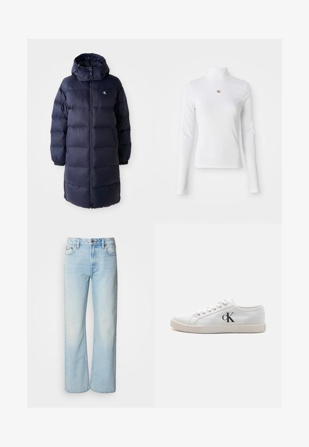 Marinepufferjakke med høj krave, lange ærmer og en frontlynlås. Har polstrede sektioner og et logo på brystet. Glat tekstur.; Langærmet, hvid turtleneck-top lavet af ribbet materiale. Har et lille broderet logo i midten. Tæt pasform uden mønstre.; Lyseblå brede jeans lavet af denim med et klassisk fem-lomme design og en subtil falmet tekstur. Denim-syninger er synlige.; Hvide lærreds sneakers med lavt design, med en gummisål og et sort "CK" logo på siden. Seks snorlukker med hvide snørebånd.