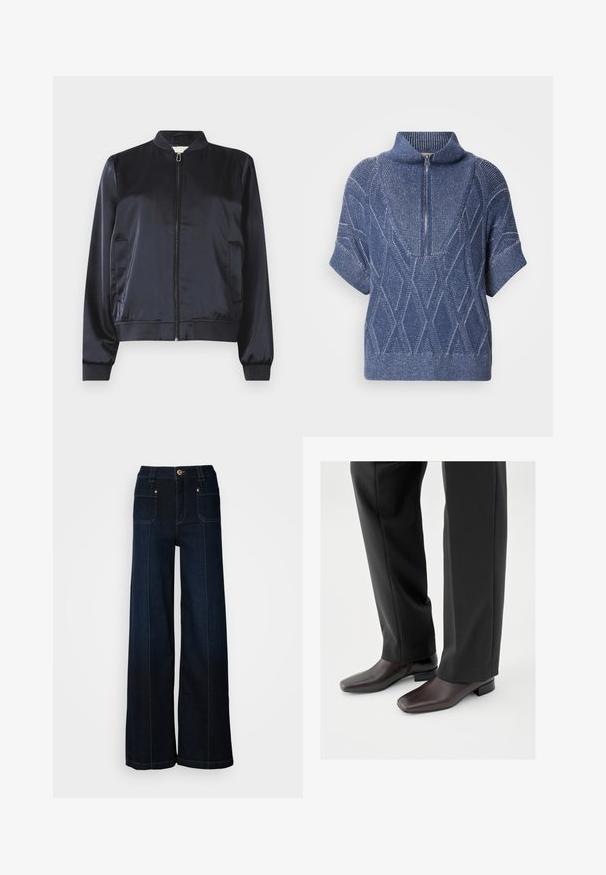 Veste bomber en satin marine avec fermeture éclair, poignets et ourlet côtelés, et deux poches latérales. Texture lisse et design structuré.; Pull en tricot bleu avec un col haut zippé, des manches courtes et des motifs en losange. Tissu texturé avec des fils clairs contrastants.; Jean en denim à jambes larges de couleur bleu foncé. Dispose de poches avant, de quincaillerie dorée et de coutures contrastées. Texture lisse avec un design décontracté.; Chaussures en cuir marron foncé avec un bout carré et un petit talon bloc, portées avec un pantalon noir sur mesure, affichant une apparence élégante et polie.