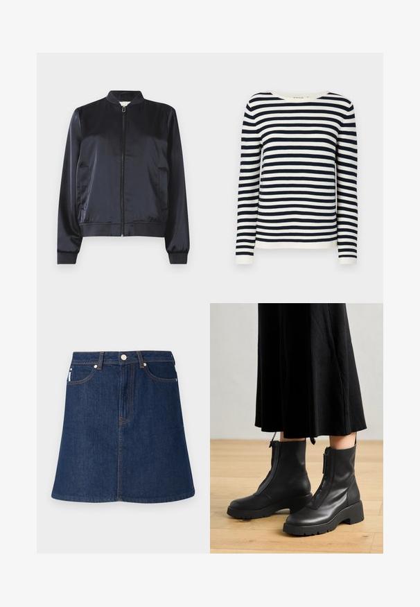 Marineblå satin bomberjakke med lynlåslukning, ribbede ærmer og kant samt to sidelommer. Glat tekstur og struktureret design.; Mørkeblå og hvid stribet langærmet sweater med rund hals og ribbede manchetter. Blødt strikket stof med en klassisk pasform.; Jeanskjorte i mørkeblå med en udvidet A-form, der har en frontlynlås, fem lommer og kontrastfarvet orange syninger.; Sorte læder ankelstøvler med en kraftig platformsål og en frontlynlås. Glat tekstur med et minimalistisk design.