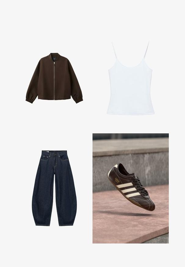 Veste bomber marron foncé avec une fermeture éclair avant argentée, des poignets élastiques et un col sans col, présentée sur un fond blanc.; Camisole blanche pour femme avec fines bretelles spaghetti et un design ajusté et sobre.; Jean en denim bleu foncé à jambes larges avec poches avant, passants de ceinture et fermeture par bouton à la taille.; Baskets en cuir marron avec trois bandes blanches, surface texturée, design à lacets et semelle en caoutchouc marron. Logo embossé sur le côté.