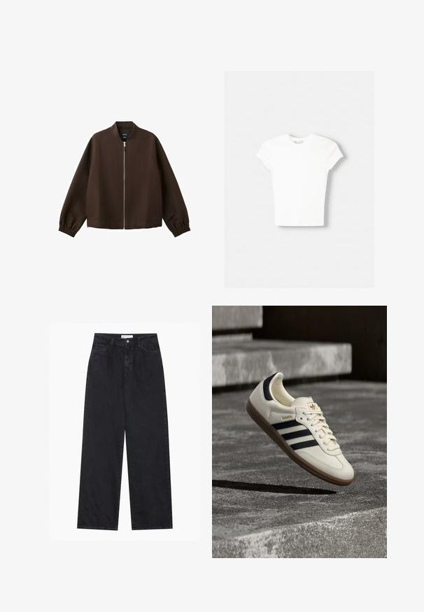 Veste bomber marron foncé avec une fermeture éclair avant argentée, des poignets élastiques et un col sans col, présentée sur un fond blanc.; T-shirt blanc à manches courtes en coton doux, avec un col rond et une coupe ajustée. Pas de motifs ni d'ornements visibles.; Jeans en denim noirs taille haute à jambes larges avec fermeture à bouton et zip à l'avant, passants de ceinture et style à cinq poches.; Baskets blanches Adidas Samba avec des bandes noires et une semelle en gomme, flottant au-dessus de marches en béton gris texturé.