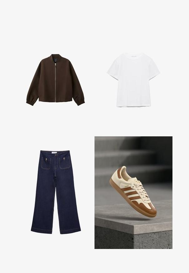 Veste bomber marron foncé avec une fermeture éclair avant argentée, des poignets élastiques et un col sans col, présentée sur un fond blanc.; T-shirt blanc uni à manches courtes et col rond, avec un ourlet droit, présenté sur un fond blanc.; Pantalon en jean large bleu foncé à taille haute, poches plaquées à l'avant fermées par des boutons en métal et détails de coutures visibles.; Baskets classiques avec une tige en cuir crème, des accents marron, trois bandes et une semelle en caoutchouc texturée. Elles présentent un bout arrondi et une fermeture à lacets.