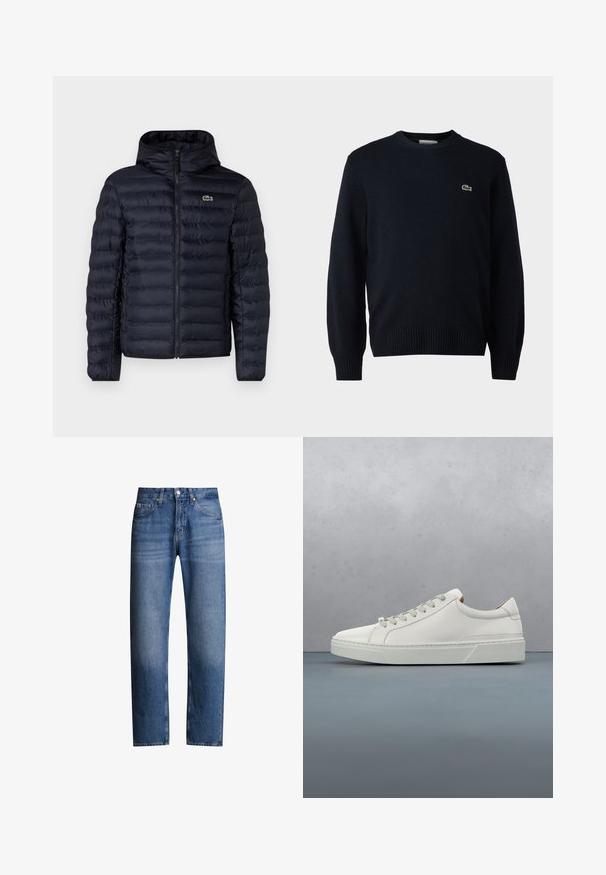 Chaqueta acolchada navy con capucha, que cuenta con un cierre frontal y puños elásticos. Acabado texturizado con costuras horizontales y un acento de logo.; Sudadera de cuello redondo en color marino, hecha de material suave, con puños y dobladillo acanalados. Pequeño logo verde de Lacoste en el pecho.; Jeans de mezclilla azul con corte recto, cinco bolsillos y cremallera. Presentan un ligero desgaste y costuras a lo largo de las costuras.; Zapatilla blanca de cuero con punta redondeada, diseño minimalista, cordones grises y suela de goma texturizada gris. Detalles de costura sutiles visibles.