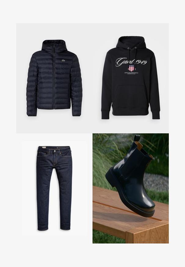 Marine gewatteerde jas met capuchon, voorzien van een rits aan de voorkant en elastische manchetten. Getextureerde afwerking met horizontale stiksels en een logo-accent.; Zwarte hoodie met witte "Gant 1949" schrift, schildlogo met sterren en strepen, en tekst "American Sportswear Connecticut", met een voorkangoeroezak.; Donkerblauwe denim jeans met een slim fit, uitgerust met oranje stiksels, een vijf-pocket ontwerp en metalen hardware. Glad materiaal, zonder patronen.; Zwarte leren Chelsea-boot met een gladde afwerking, elastische zijkanten, ronde neus en dikke rubberen zool, gepositioneerd boven een houten oppervlak.