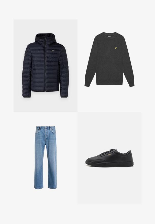 Marineblå polstret jakke med hætte, der har en frontlynlås og elastiske manchetter. Teksturfinish med vandret søm og en logo accentering.; Mørkegrå sweater med rund hals lavet af blødt stof. Har et lille gult broderet logo på brystet. Lange ærmer med ribbede manchetter.; Lyseblå denim jeans med lige ben-design, fem lommer, knaplukning, minimal falming og kontraststingdetaljer.; Sorte lædersneakers med en glat overflade, rund tå, flad gummisål og tonede snørebånd. Udstyret med guld "BOSS" branding på siden.