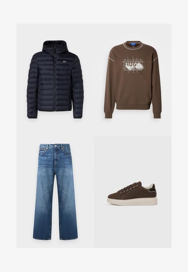 Marine gewatteerde jas met capuchon, voorzien van een rits aan de voorkant en elastische manchetten. Getextureerde afwerking met horizontale stiksels en een logo-accent.; Bruine sweatshirt met lange mouwen, voorzien van een grafisch "HUGO"-logo in het wit. Ronde halslijn en geribbelde manchetten zorgen voor textuur.; Blauwe denim jeans met wijd uitlopende pijpen, voorste knoop- en ritssluiting, vijf zakken en subtiele vervaagde details op de dijen.; Bruine sneakers met een gestructureerd patroon, voorzien van een gladde neuskap, metalen oogjes en een witte rubberen zool. Logo aan de zijkant en op de hiel.