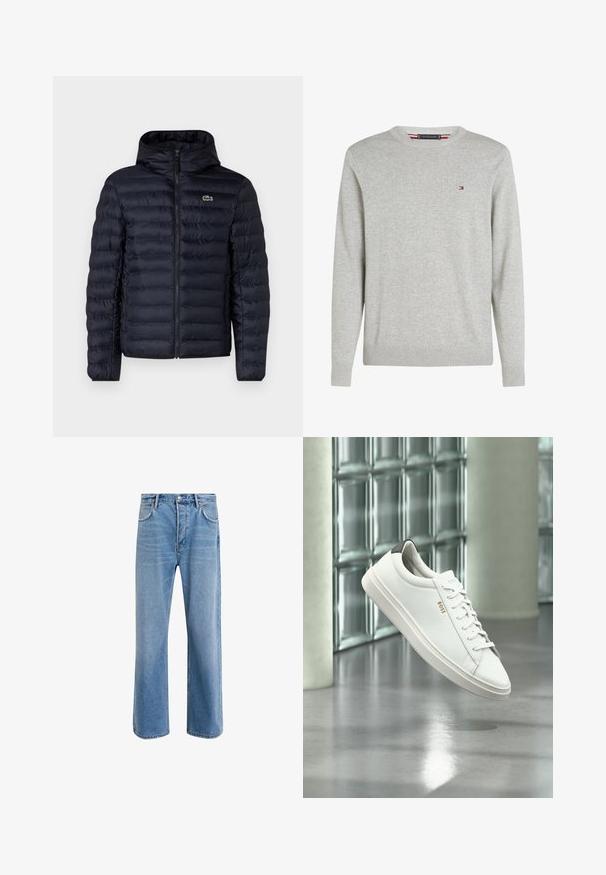 Marineblå polstret jakke med hætte, der har en frontlynlås og elastiske manchetter. Teksturfinish med vandret søm og en logo accentering.; Lysegrå crewneck trøje med lange ærmer og lille rød, hvid og blå logo på venstre bryst.; Lyseblå denim jeans med lige ben-design, fem lommer, knaplukning, minimal falming og kontraststingdetaljer.; Hvid læder lav-top sneaker med snørebånd, sort hælflig og "BOSS"-logo, svævende indendørs nær glasblok væg og poleret gulv.